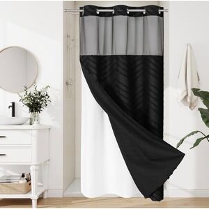 Black Textured Chevron Shower‎ Curtain with Sheer Top Panel - 74" Long